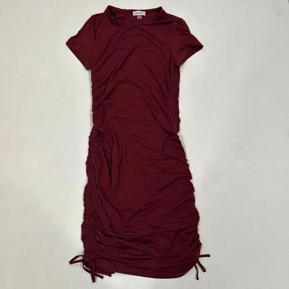 Calvin Klein Burgundy Ruched Side Dress Women’s Size 4 Short Sleeve Casual